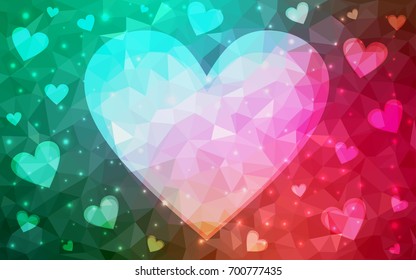 Light Green, Red vector greeting Card Happy Valentine's Day. Lettering with hearts on the white polygonal background. Colored triangular illustration for your business.