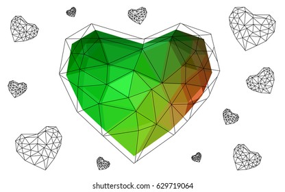 Light Green, Red vector heart isolated on white background. Geometric rumpled triangular low poly origami style gradient graphic illustration. Polygonal design for your business.