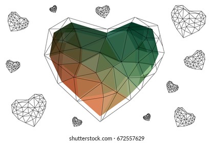 Light Green, Red vector heart isolated on white background. Geometric rumpled triangular low poly origami style gradient graphic illustration. Polygonal design for your business.