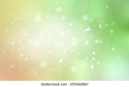 Light Green, Red vector layout with bright snowflakes. Blurred decorative design in xmas style with snow. The pattern can be used for new year ad, booklets.