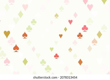 Light Green, Red vector layout with elements of cards. Blurred decorative design of hearts, spades, clubs, diamonds. Pattern for ads of parties, events in Vegas.