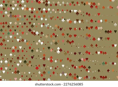 Light Green, Red vector layout with elements of cards. Colorful gradient with signs of hearts, spades, clubs, diamonds. Design for ad, poster, banner of gambling websites.