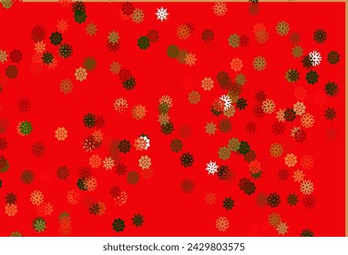 Hellgrünes, rotes Vektorlayout mit hellen Schneeflocken. Dekorative glänzende Illustration mit Schnee auf abstrakter Vorlage. Die Vorlage kann als Neujahrshintergrund verwendet werden.