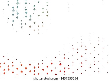 Light Green, Red vector pattern with symbol of cards. Blurred decorative design of hearts, spades, clubs, diamonds. Pattern for ads of parties, events in Vegas.