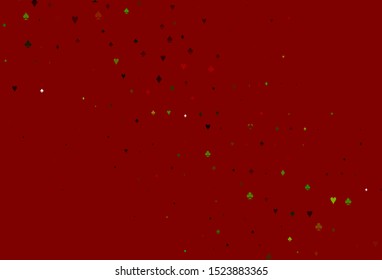 Light Green, Red vector pattern with symbol of cards. Glitter abstract sketch with isolated symbols of playing cards. Pattern for leaflets of poker games, events.