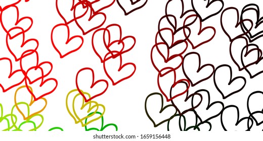 Light Green, Red vector pattern with colorful hearts. Beautiful colored illustration with hearts in celebration style. Design for your business advert of anniversary.