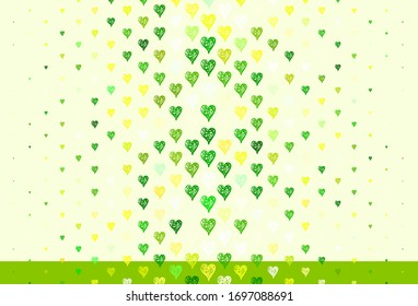 Light Green, Red vector pattern with colorful hearts. Illustration with shapes of gradient hearts on blur backdrop. Pattern for carnival, festival romantic leaflets.