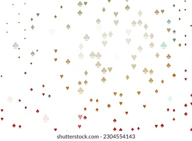 Light Green, Red vector pattern with symbol of cards. Colorful gradient with signs of hearts, spades, clubs, diamonds. Pattern for booklets, leaflets of gambling houses.