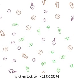 Light Green, Red vector seamless texture with delicious snacks. Beautiful colored illustration with food in doodle style. Doodle design for your business advert of cafes.