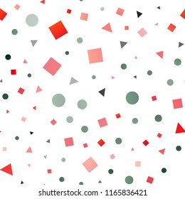 Light Green, Red vector seamless pattern in polygonal style with circles. Illustration with set of colorful circles, triangles, squares. Design for textile, fabric, wallpapers.