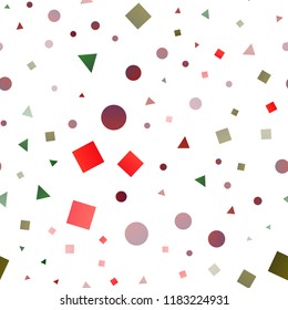 Light Green, Red vector seamless layout with circles, lines, rectangles. Illustration with colorful circles, triangles, rectangles. Pattern for design of window blinds, curtains.