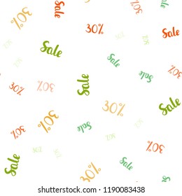 Light Green, Red vector seamless texture with selling prices 30 %. Shining colorful illustration with isolated selling prices. Backdrop for mega promotions, discounts.
