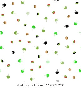Light Green, Red vector seamless cover with set of coffee beans. Glitter abstract backdrop with gradient mugs, coffee grains. Design for ad, poster, banner of cafes, restaurants.