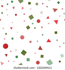 Light Green, Red vector seamless layout with circles, lines, rectangles. Abstract gradient illustration with circles, triangles, cubes. Template for business cards, websites.