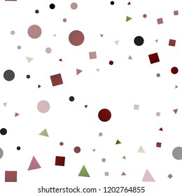 Light Green, Red vector seamless pattern in polygonal style with circles. Abstract illustration with colorful dots, lines, cubes. Design for textile, fabric, wallpapers.