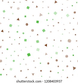 Light Green, Red vector seamless backdrop with lines, circles, rhombus. Decorative design in abstract style with lines, dots, cubes. Trendy design for wallpaper, fabric makers.