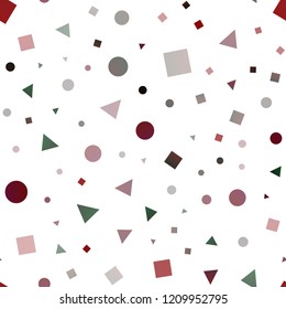 Light Green, Red vector seamless texture in poly style with circles, cubes. Glitter abstract illustration with spheres, squares, lines. Pattern for design of window blinds, curtains.