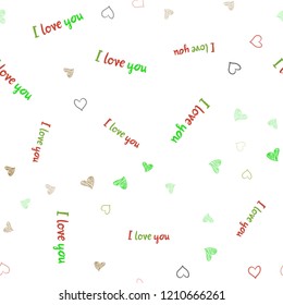 Light Green, Red vector seamless layout with sweet hearts. Blurred decorative design in doodle style with hearts. Pattern can be used for valentine's ad, booklets.
