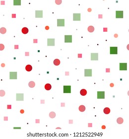 Light Green, Red vector seamless texture with disks, rectangles. Illustration with set of shining colorful abstract circles, cubes. Template for business cards, websites.