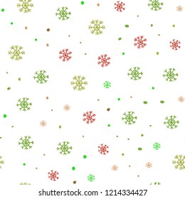 Light Green, Red vector seamless texture with colored snowflakes. Modern geometrical abstract illustration with snowflakes. Design for textile, fabric, wallpapers.