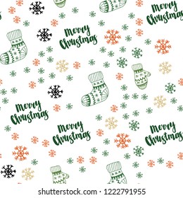Light Green, Red vector seamless cover with beautiful snowflakes, balls, socks, mittens. Shining colorful illustration in christmas style. Template for business cards, websites.