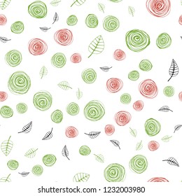 Light Green, Red vector seamless elegant wallpaper with leaves and flowers. Colorful abstract illustration with leaves in doodle style. Template for business cards, websites.