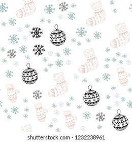 Light Green, Red vector seamless pattern with christmas snowflakes, balls, socks, mittens. Colorful illustration with xmas symbols. Template for business cards, websites.