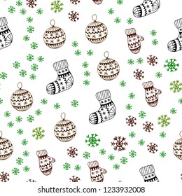 Light Green, Red vector seamless texture with colored snowflakes, balls, socks, mittens. Colorful xmas elements with gradient. Design for wallpaper, fabric makers.