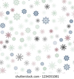 Light Green, Red vector seamless template with ice snowflakes. Snow on blurred abstract background with gradient. Trendy design for wallpaper, fabric makers.