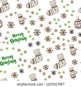 Light Green, Red vector seamless template with ice snowflakes, balls, socks, mittens. Shining colorful illustration in christmas style. Pattern for trendy fabric, wallpapers.