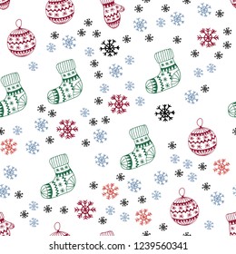 Light Green, Red vector seamless background with xmas snowflakes, balls, socks, mittens. Colorful decorative design in xmas style. Design for textile, fabric, wallpapers.