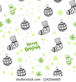 Light Green, Red vector seamless texture with colored snowflakes, balls, socks, mittens. Colorful illustration with xmas symbols. Pattern for design of fabric, wallpapers.