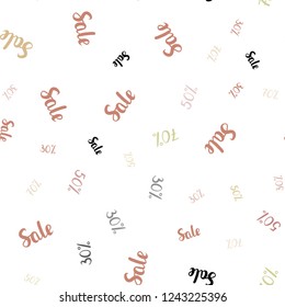 Light Green, Red vector seamless texture with selling prices 30, 50, 70 %. Gradient illustration with discount signs on white backdrop. Backdrop for ads, leaflets of Black Friday.