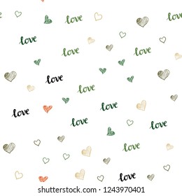 Light Green, Red vector seamless background with words of love, hearts. Romantic illustration with colorful phrase LOVE YOU, hearts. Pattern for design of fabric, wallpapers.