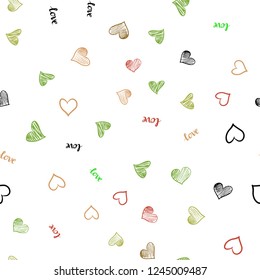 Light Green, Red vector seamless backdrop with phrase LOVE YOU, hearts. Colorful gradient phrase LOVE YOU, hearts in abstract style. Pattern for trendy fabric, wallpapers.