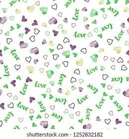 Light Green, Red vector seamless background with words of love, hearts. Colorful gradient phrase LOVE YOU, hearts in abstract style. Design for textile, fabric, wallpapers.