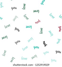 Light Green, Red vector seamless background with words of love. Colorful illustration with quote LOVE YOU in celebration style. Pattern for trendy fabric, wallpapers.