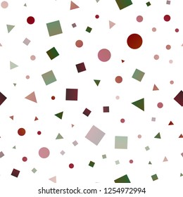 Light Green, Red vector seamless template with crystals, circles, squares. Glitter abstract illustration with spheres, squares, lines. Pattern for design of window blinds, curtains.
