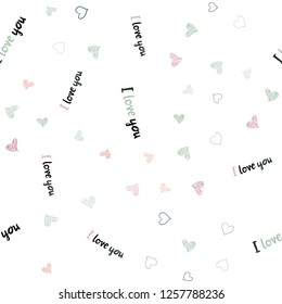 Light Green, Red vector seamless template with doodle hearts. Decorative shining illustration with hearts on abstract template. Pattern for carnival, festival romantic leaflets.