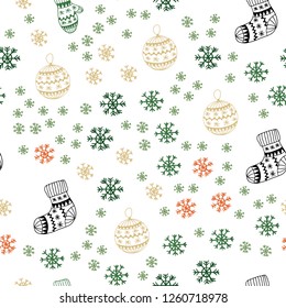 Light Green, Red vector seamless pattern with christmas snowflakes, balls, socks, mittens. Modern geometric abstract illustration. Design for textile, fabric, wallpapers.