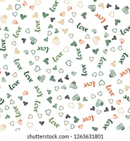 Light Green, Red vector seamless pattern with phrase LOVE YOU, hearts. Colorful illustration with quote LOVE YOU, hearts. Pattern for trendy fabric, wallpapers.