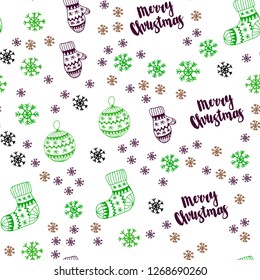 Light Green, Red vector seamless background with xmas snowflakes, balls, socks, mittens. Colorful illustration with xmas symbols. Design for textile, fabric, wallpapers.