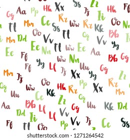 Light Green, Red vector seamless layout with latin alphabet. Colored alphabet signs with gradient on white background. Pattern for trendy fabric, wallpapers.