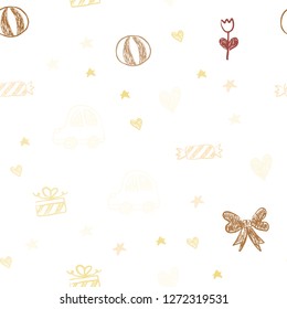 Light Green, Red vector seamless texture with birthday gifts. Design in xmas style with a toy car, heart, baloon, tulip, candy, ball. Template for new year postcards.