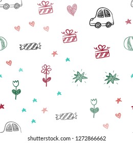 Light Green, Red vector seamless pattern with christmas toys. Illustration with a colorful toy car, heart, baloon, tulip, candy, ball. Design for holiday adverts.