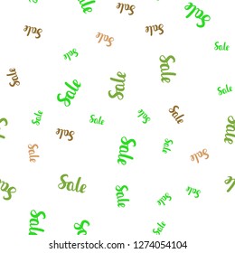 Light Green, Red vector seamless cover with symbols of sales. Colored words of sales with gradient on white background. Template for season sales, shopping ads.