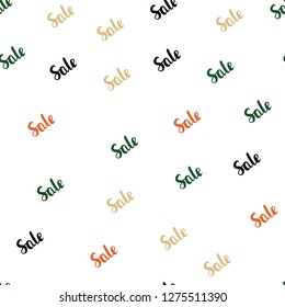 Light Green, Red vector seamless cover with symbols of sales. Colored words of sales with gradient on white background. Pattern for ads, posters, banners of sales.
