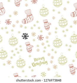 Light Green, Red vector seamless background with xmas snowflakes, balls, socks, mittens. Modern geometric abstract illustration. Template for business cards, websites.