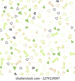 Light Green, Red vector seamless pattern with phrase LOVE YOU, hearts. Design in doodle style with text LOVE YOU, hearts. Pattern for trendy fabric, wallpapers.