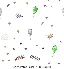 Light Green, Red vector seamless pattern in christmas style. Shining illustration with a toy car, baloon, candy, star, ball. Pattern for carnival, festival ads.